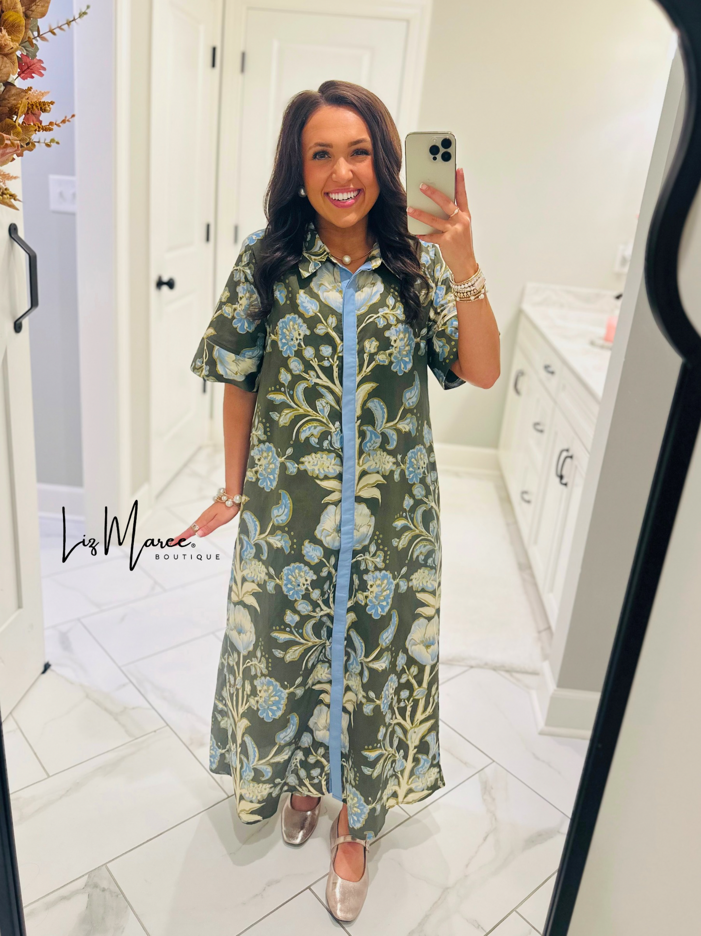 The Evie Olive Green + Blue Floral Midi Dress