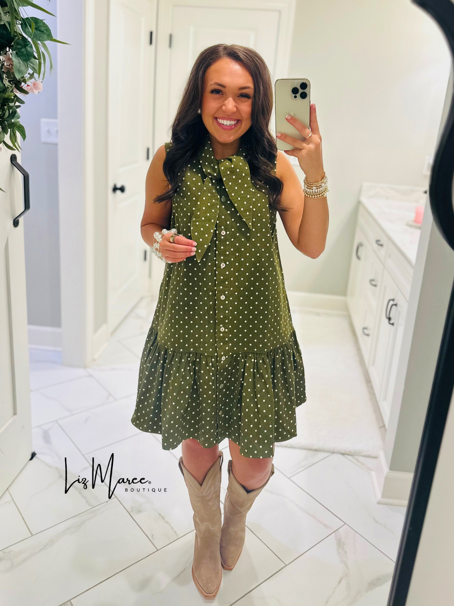 The Stella Olive Green Polka Dot Denim Dress