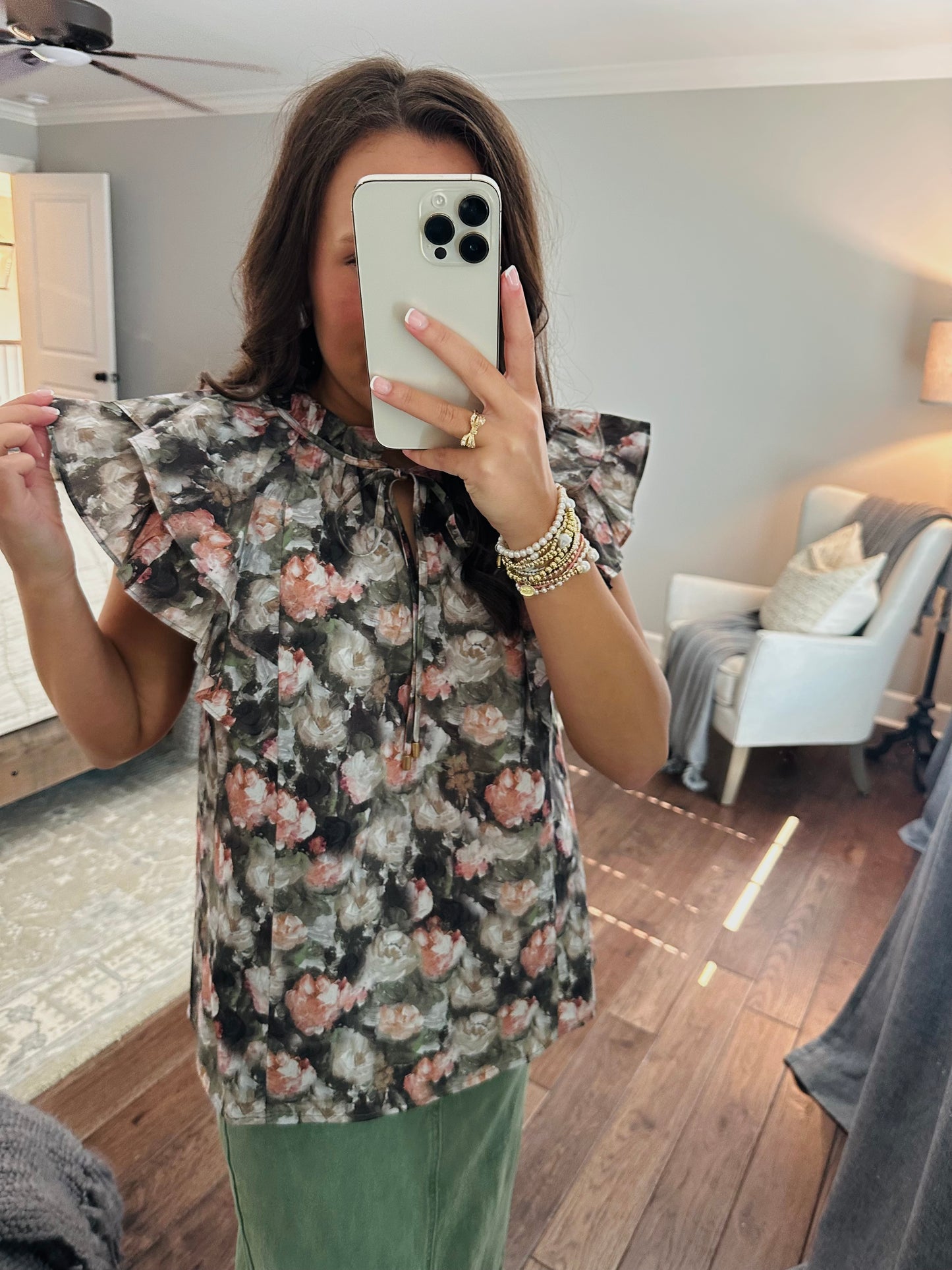 The Drew Olive Green Floral Top