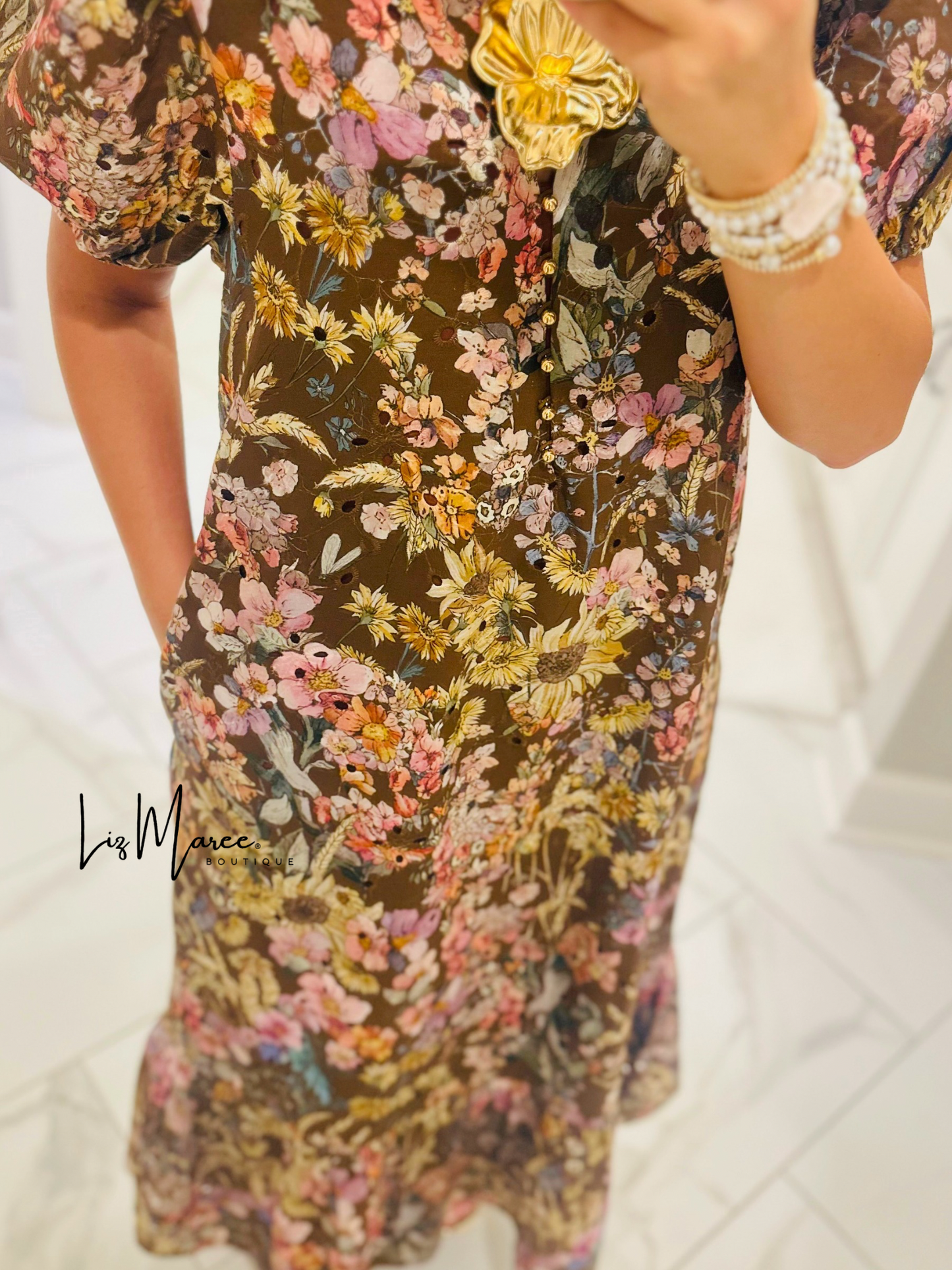 The Nadine Brown Floral Eyelet Midi Dress