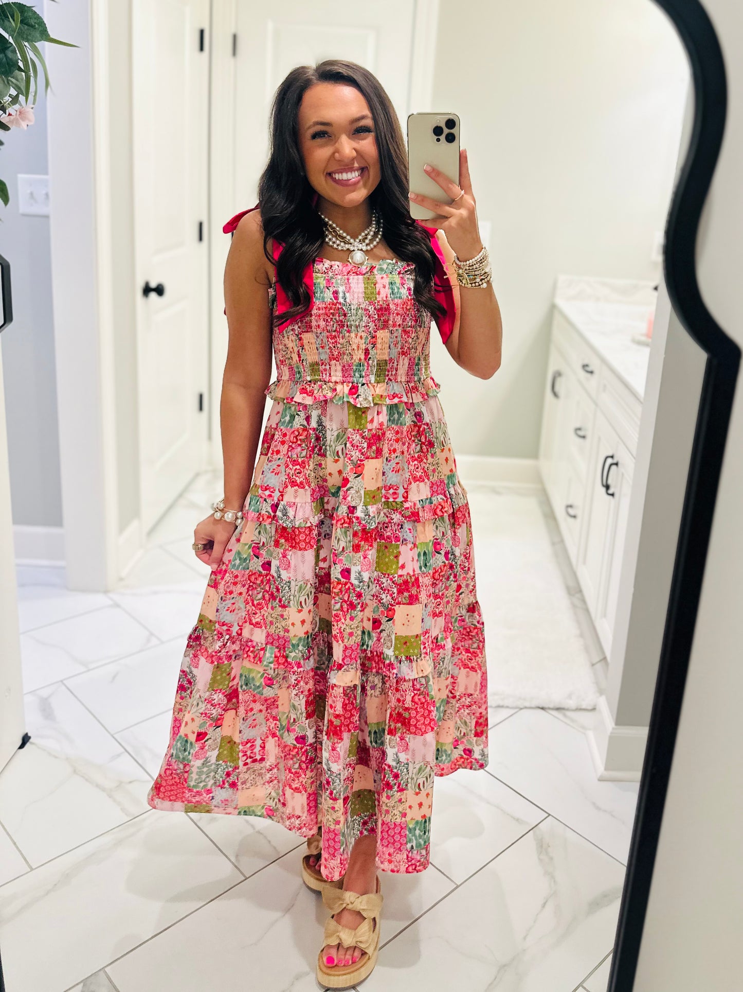 The Lillie Pink Multicolor Patchwork Midi Dress