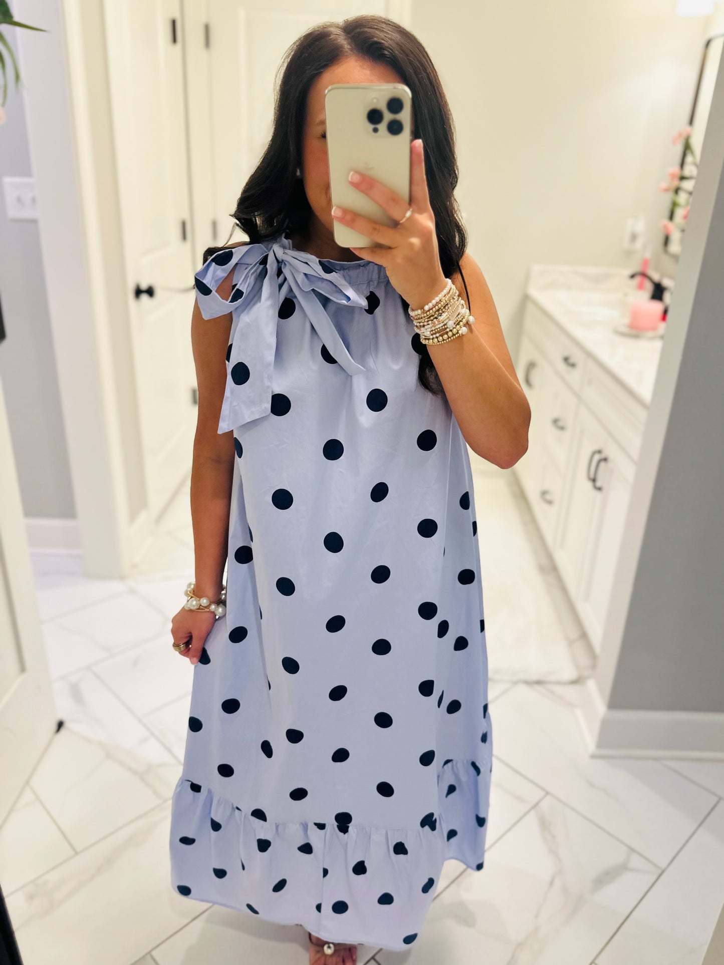 The Leighton Blue Polka Dot Neck Tie Midi Dress