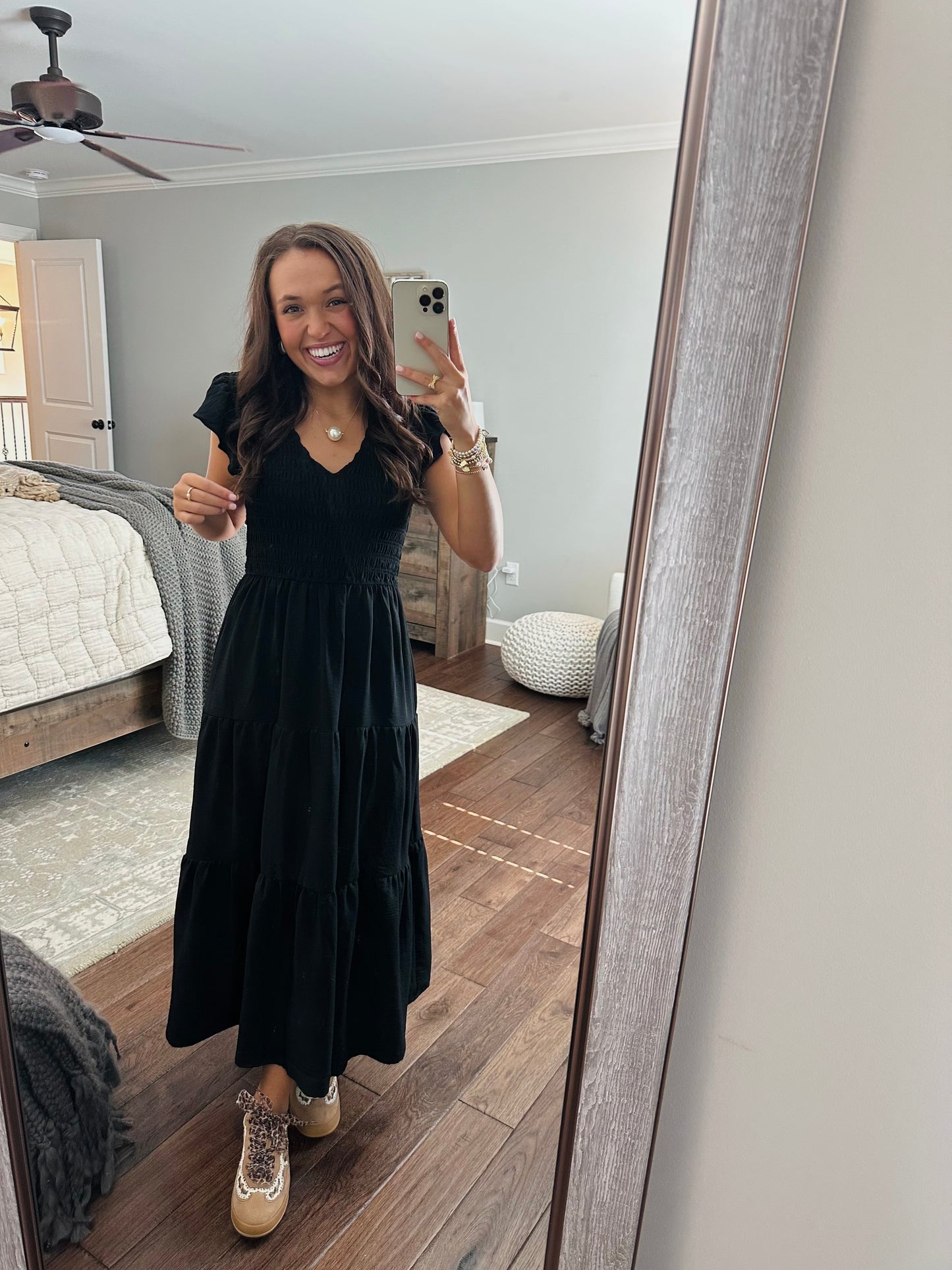 The Maple Black Flutter Sleeve Smocked Midi Dress