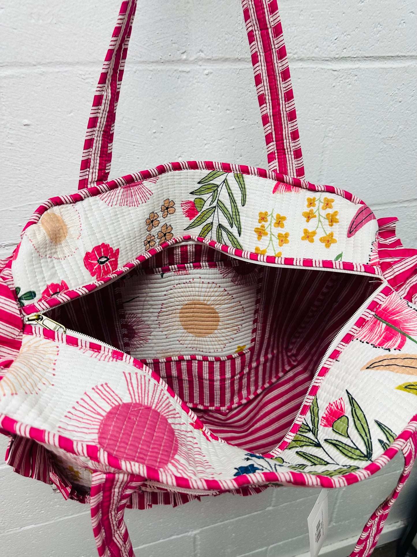 The White + Pink Floral Ruffle Quilted Tote Bag