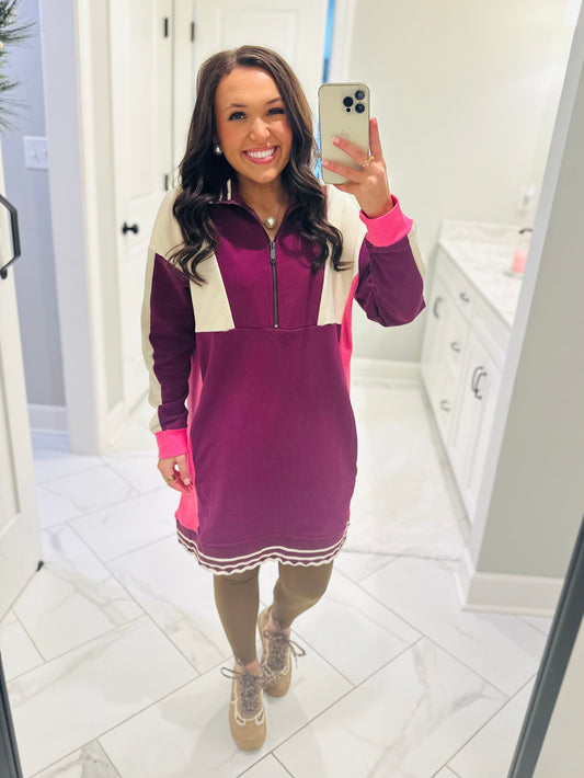 The Mal Purple + Pink Colorblock Quarter-Zip Dress
