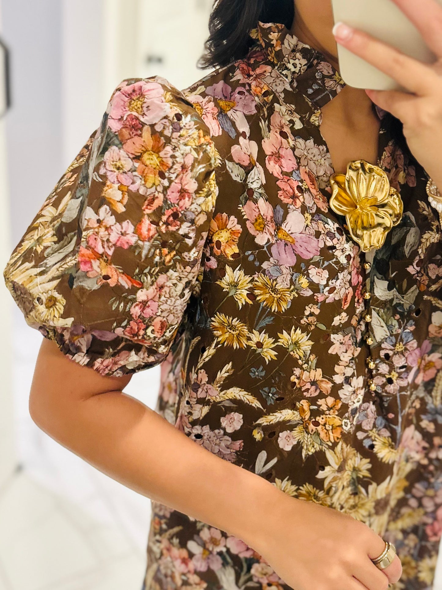 The Nadine Brown Floral Eyelet Midi Dress