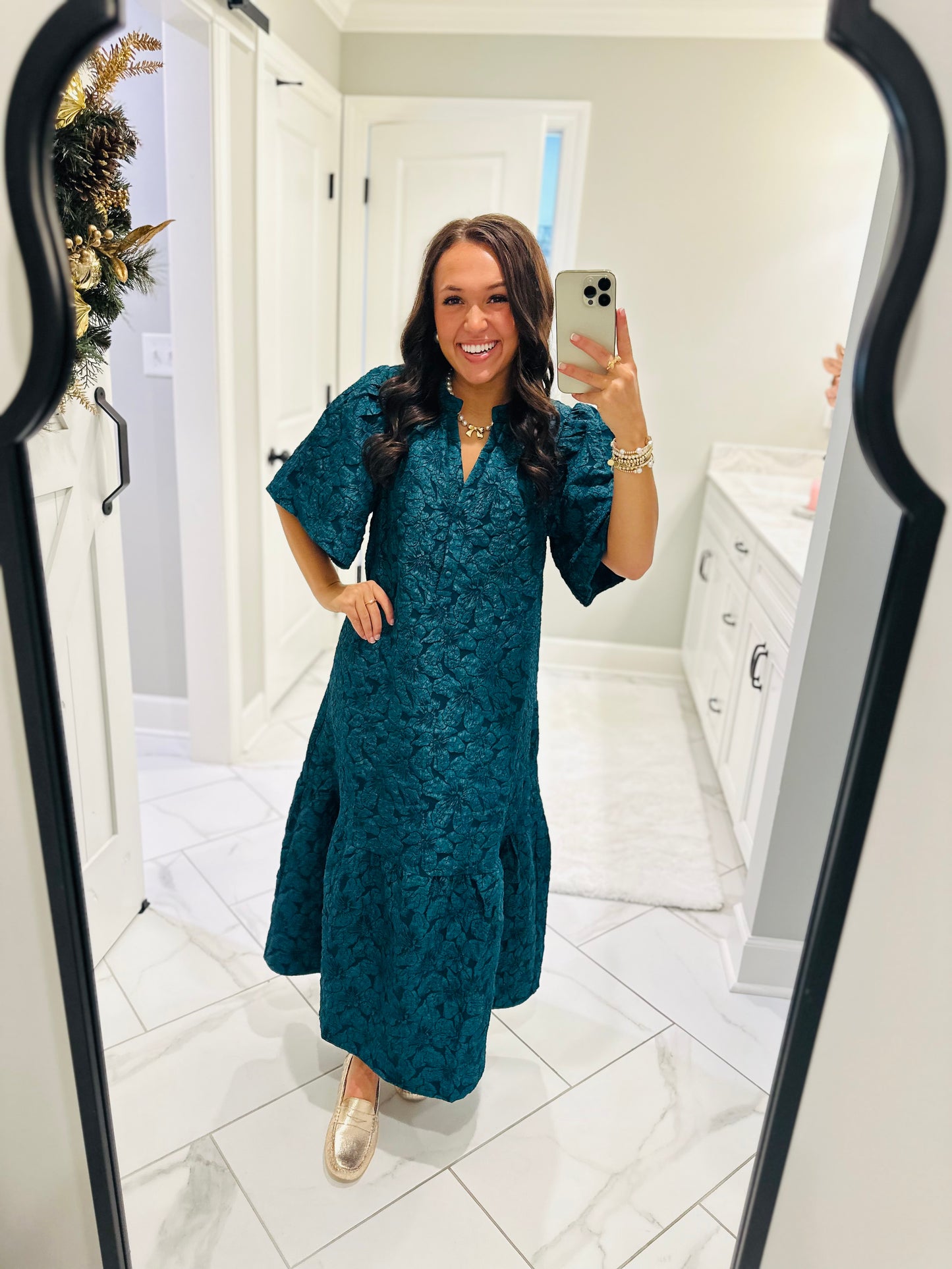 The Ada Emerald Jacquard Floral Midi Dress