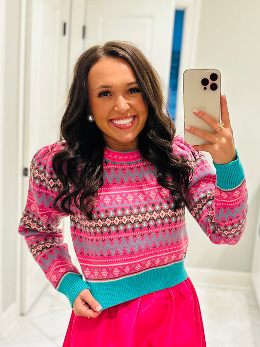 The Alya Hot Pink Fair Isle Print Cropped Sweater