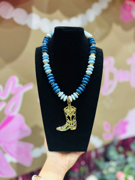 The Nila Blue + Gold Wide Bead Cowboy Boot Pendant Necklace