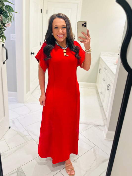 The Jess Red Knit Midi Dress