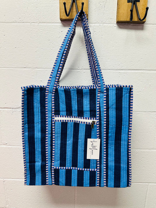 The Navy + Light Blue Striped Quilted Tote Bag
