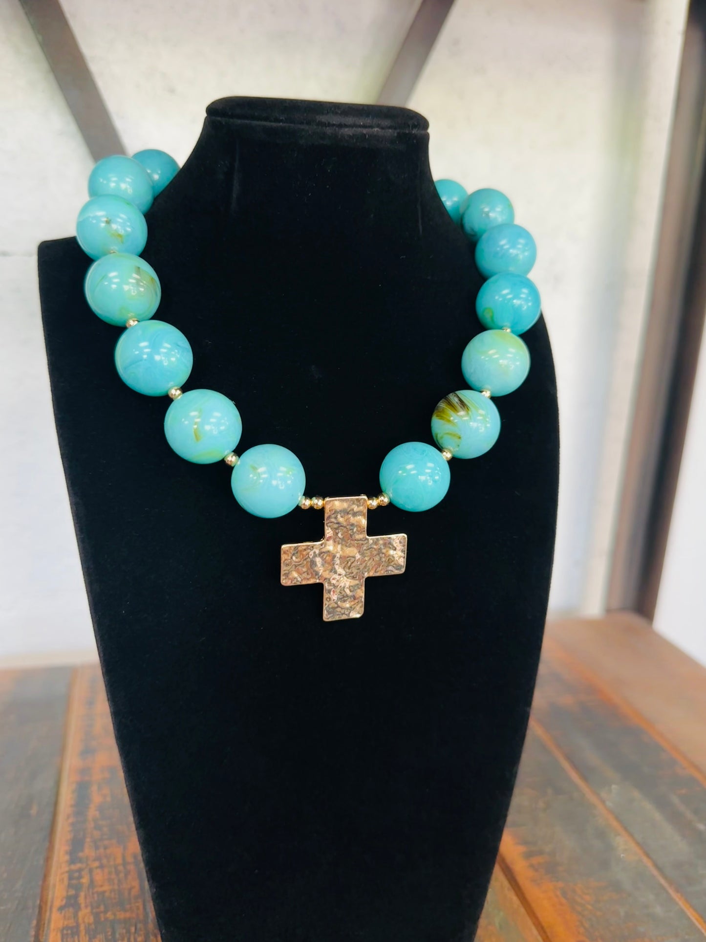 Turquoise + Gold Cross Pendant Marble Ball Necklace