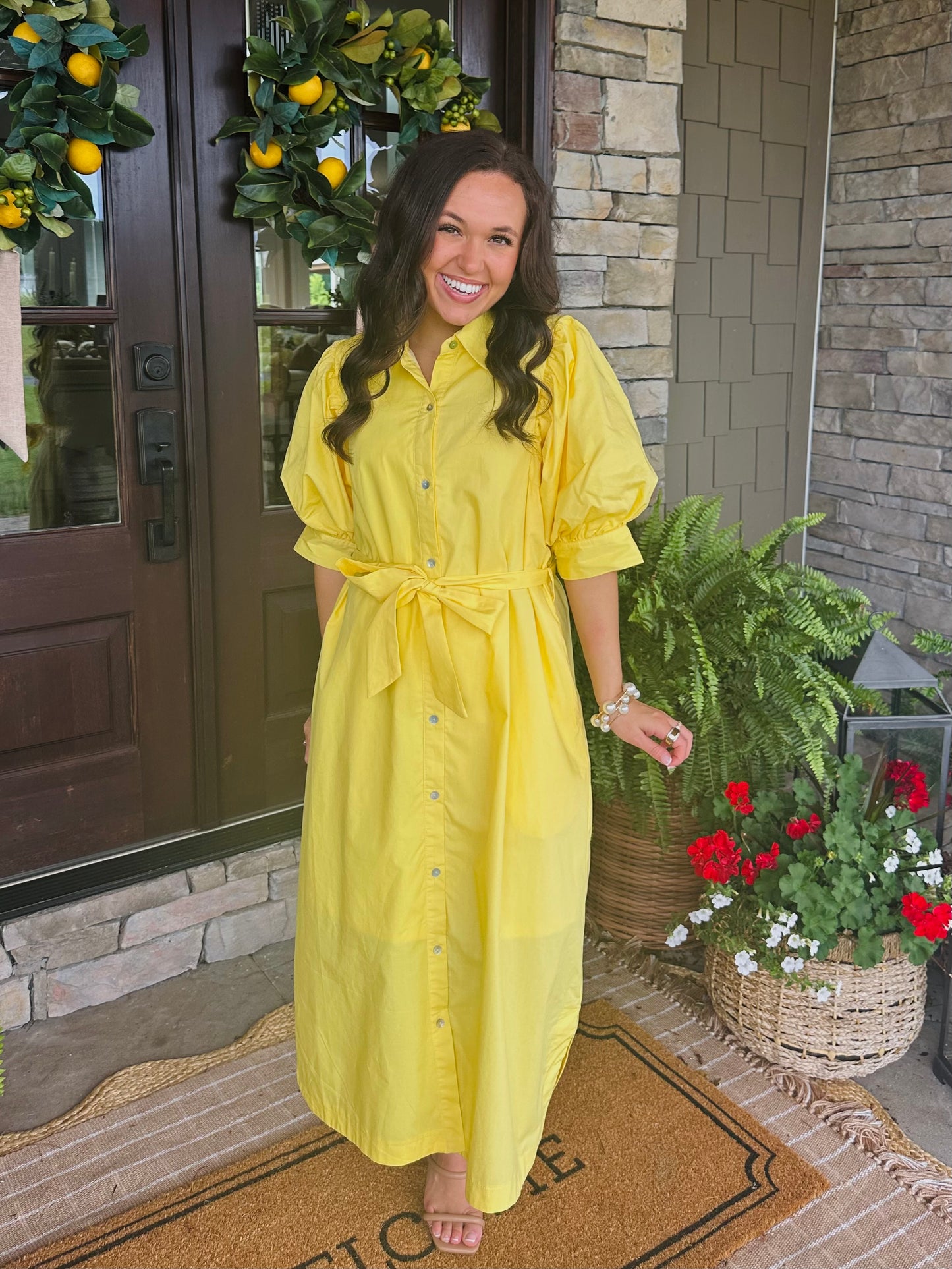The Caroline Yellow Button Front Midi Dress