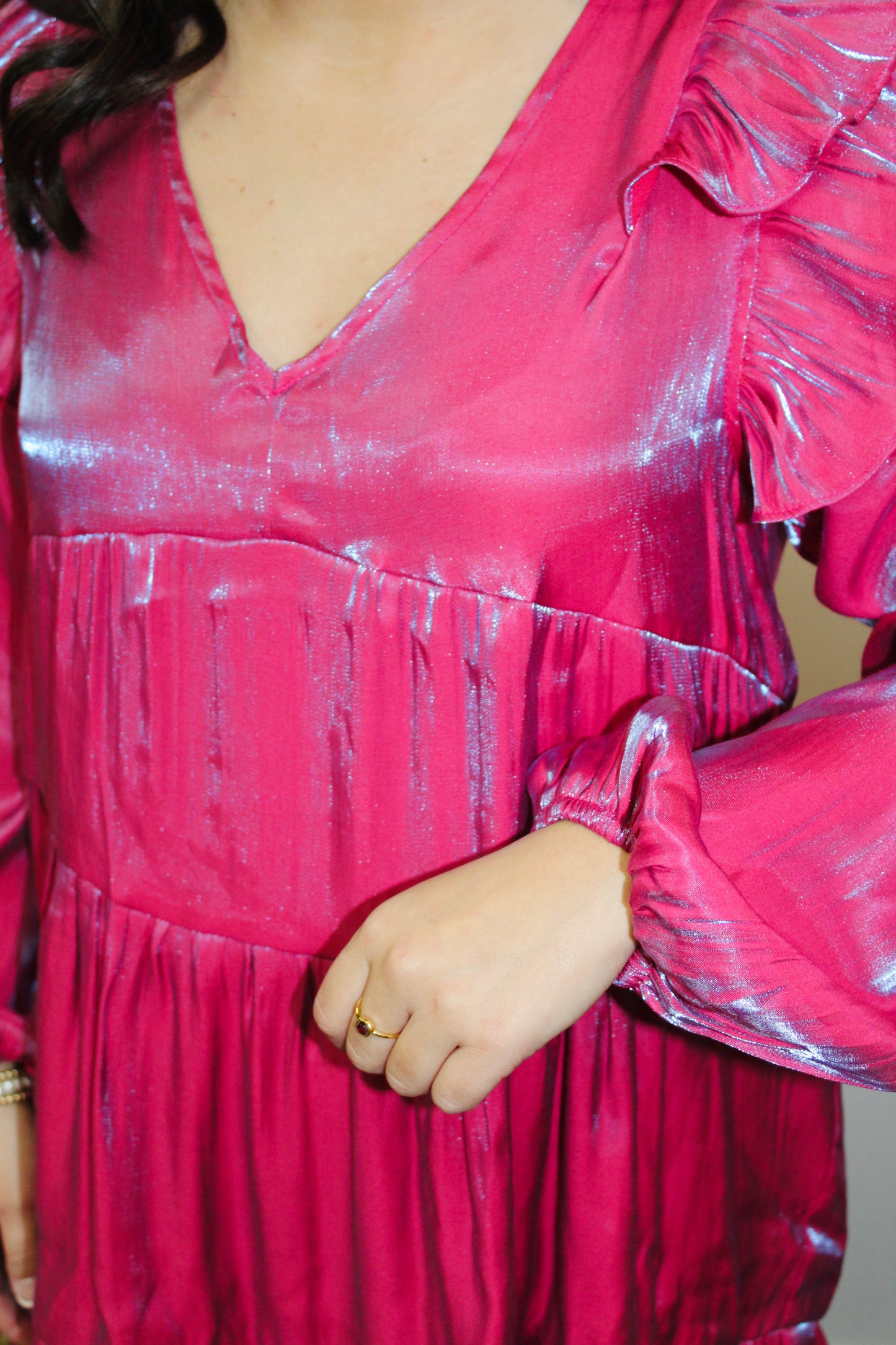 Berry Pink Metallic Tiered Dress