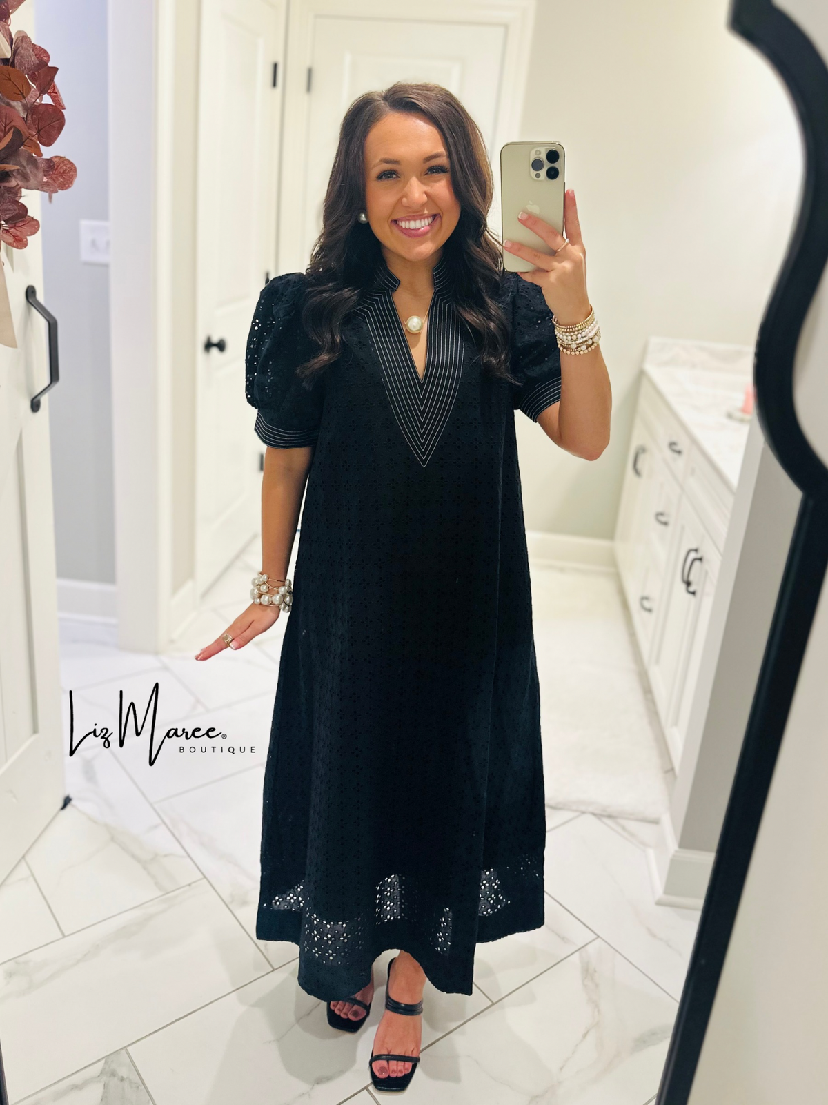 The Adley Black Eyelet Midi Dress