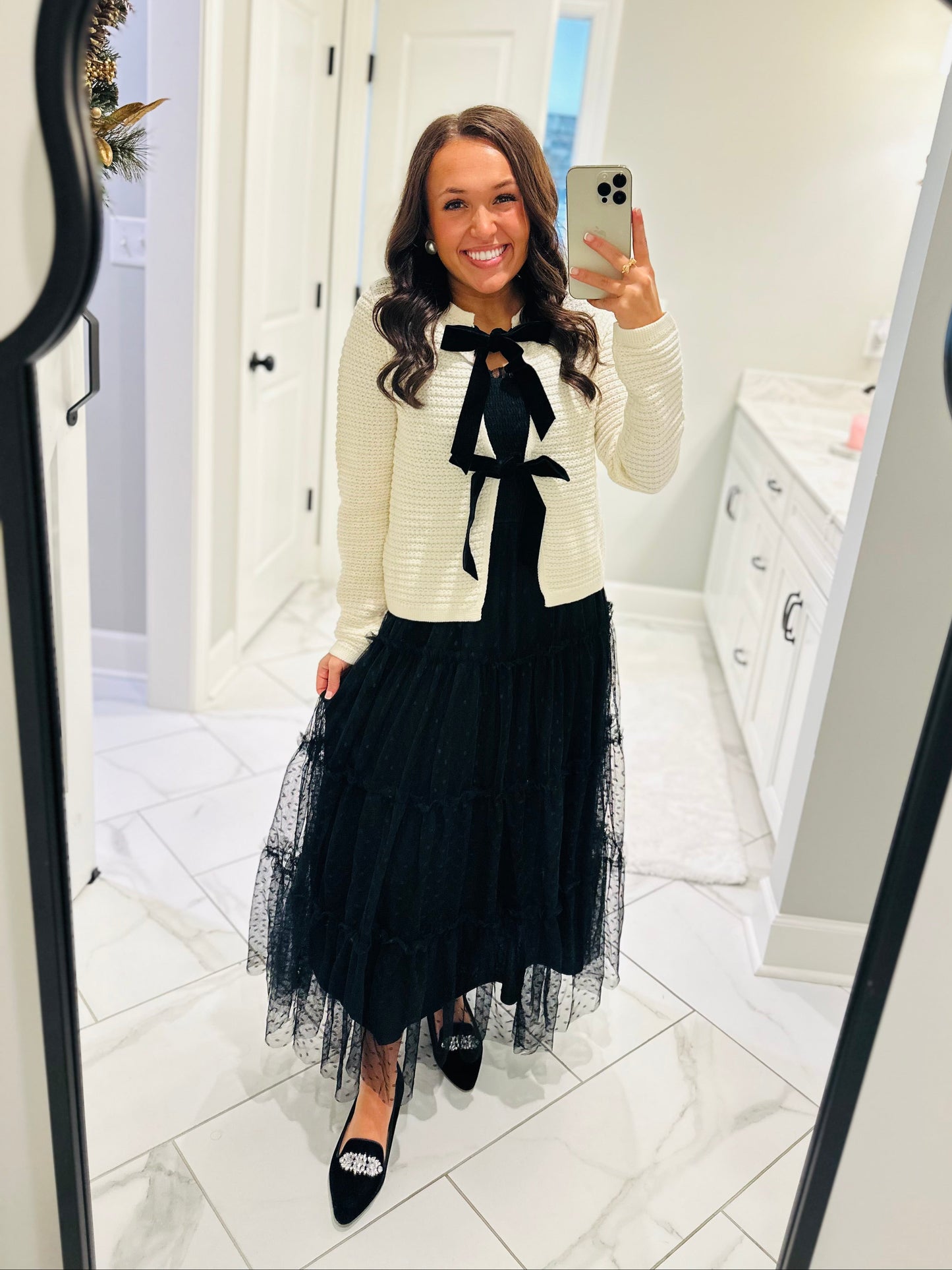 The Sofia Cream + Black Velvet Bow Cardigan