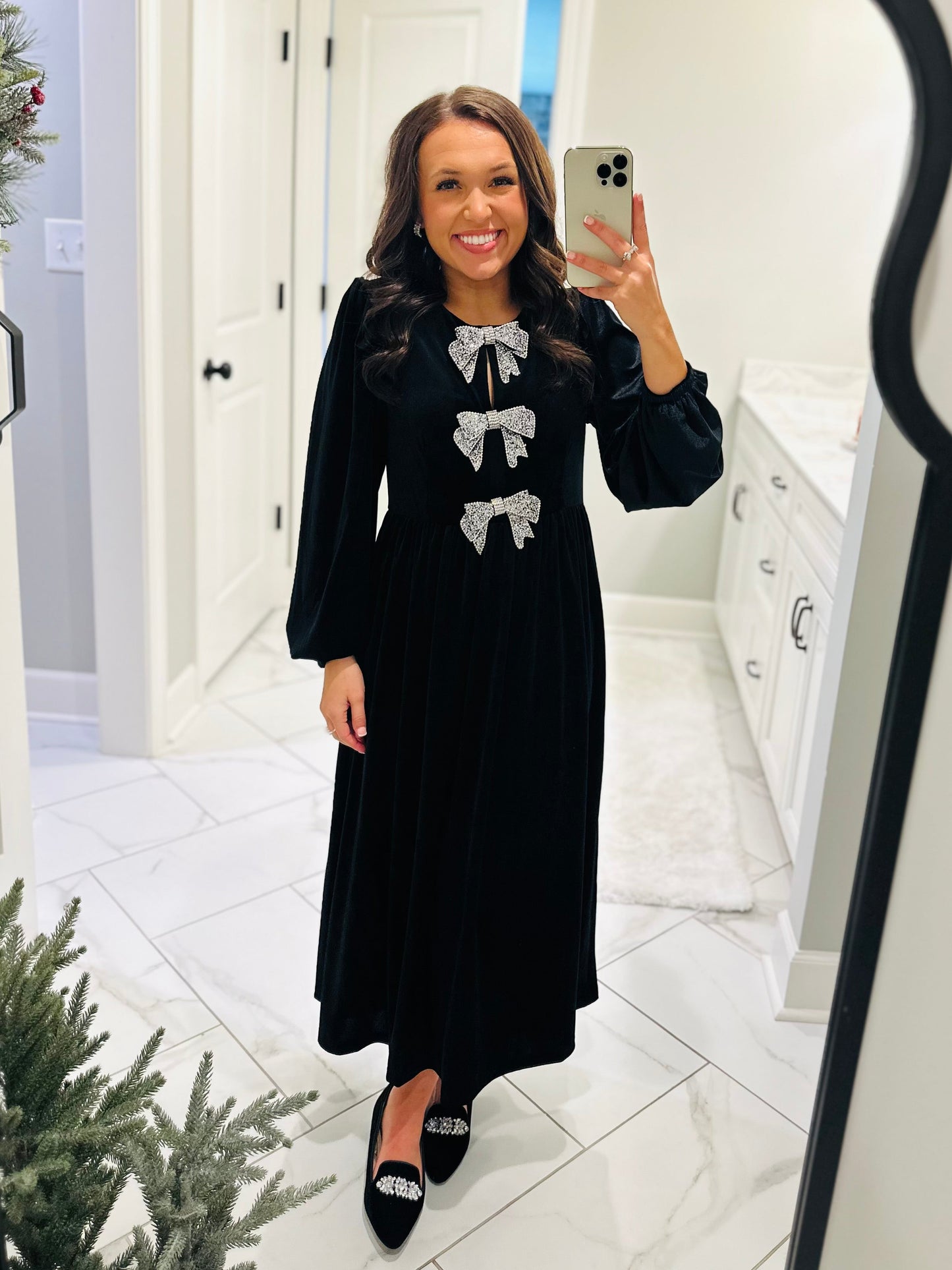 The Jenna Black Velvet Bow Midi Dress