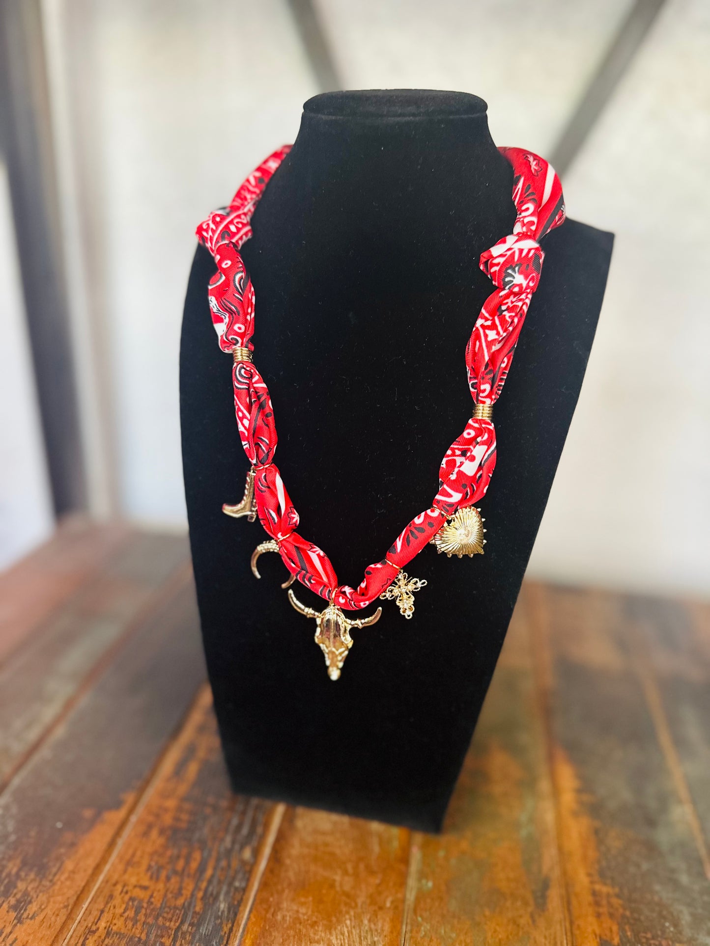 Western Steer Gold Charm Scarf Necklace - Red