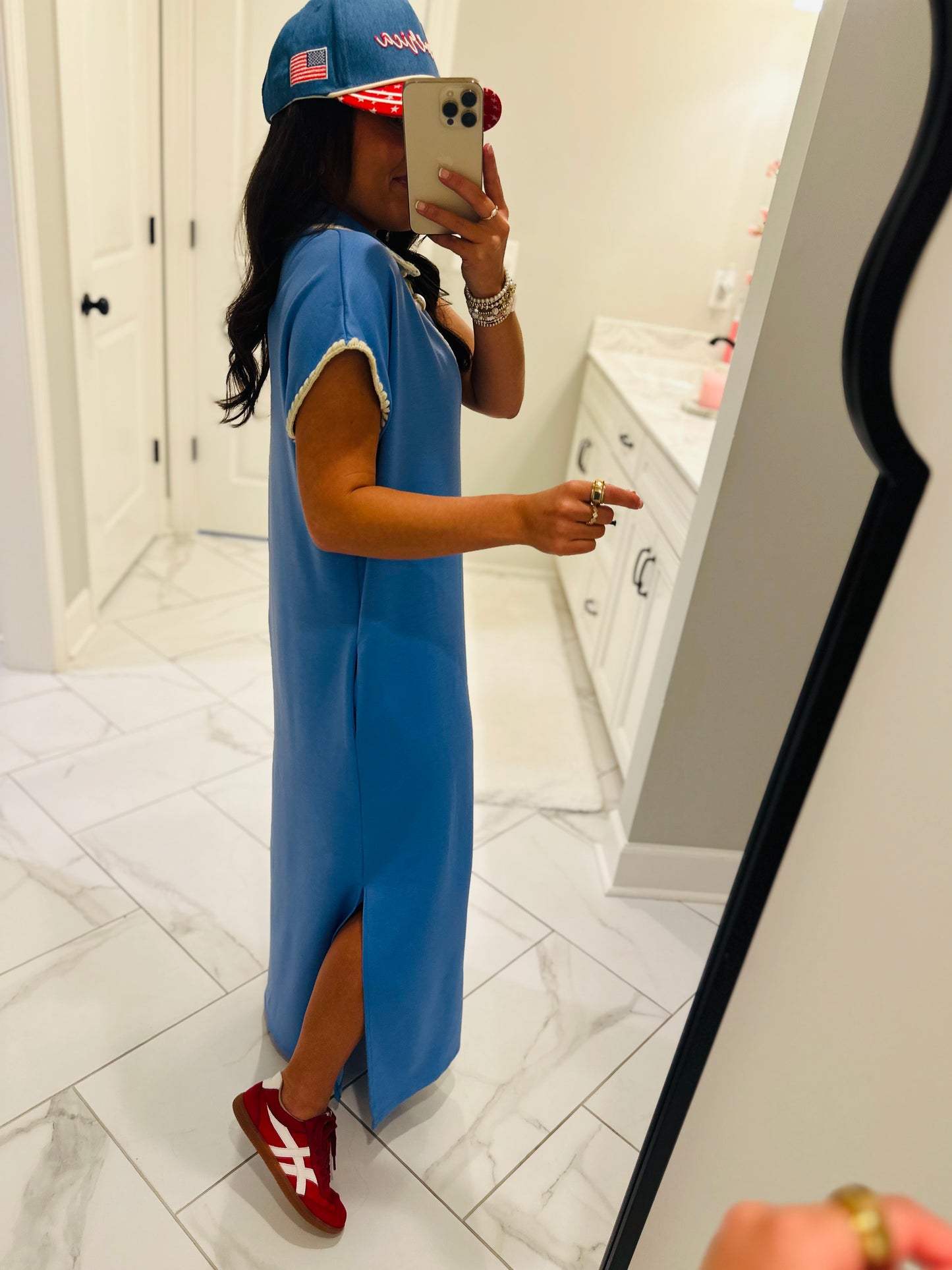 The Sarah Blue Collared Stitch Midi Dress