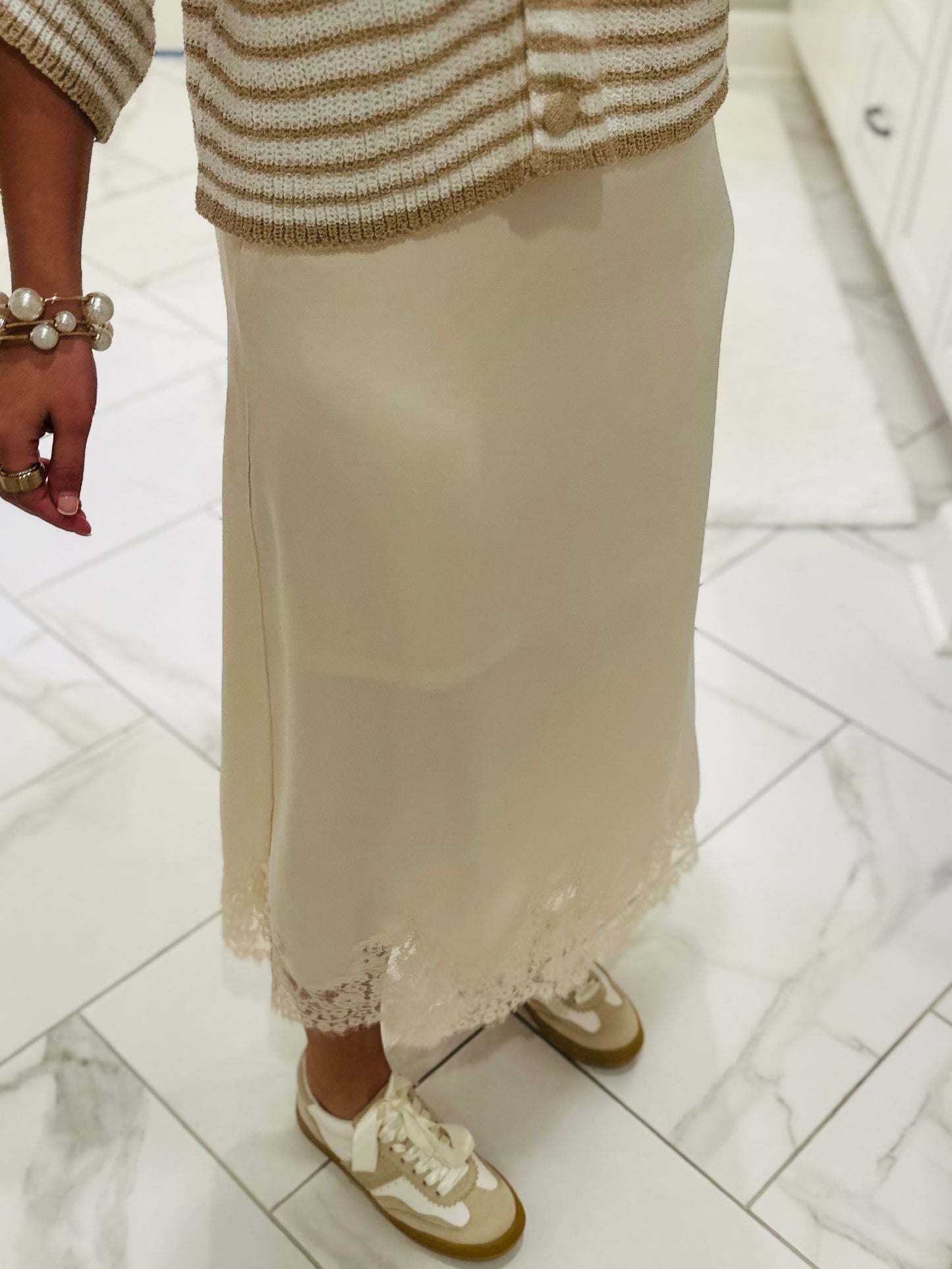 The Dallas Ecru Satin Lace Midi Skirt