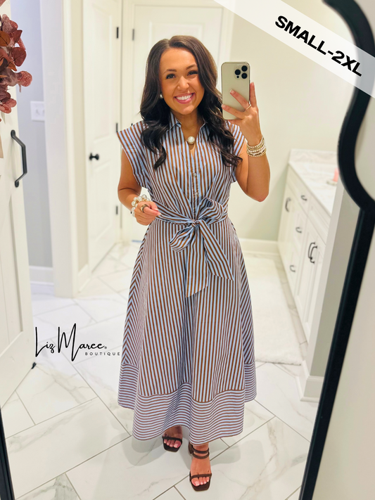 The Charity Blue + Brown Striped Midi Dress