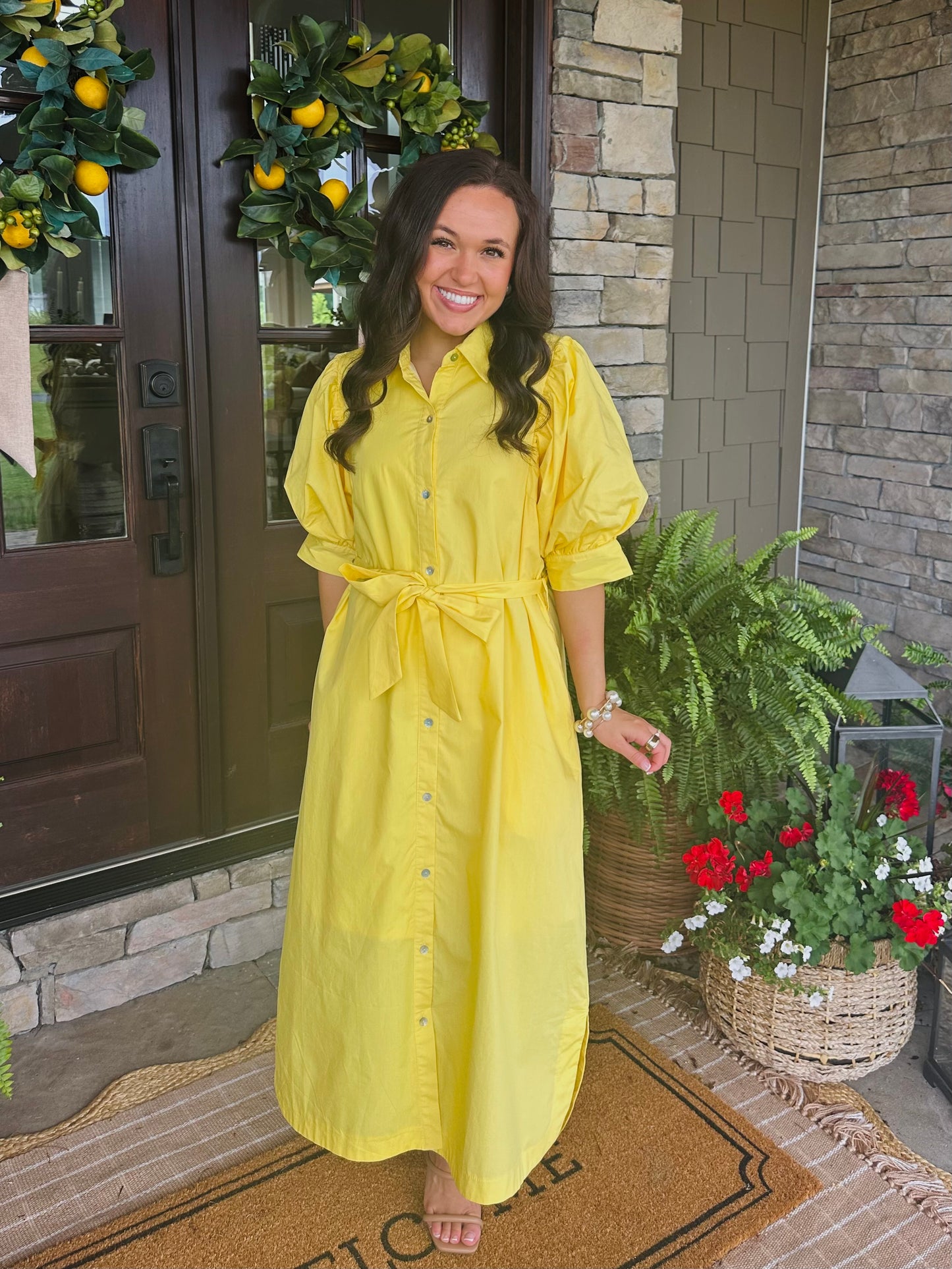 The Caroline Yellow Button Front Midi Dress