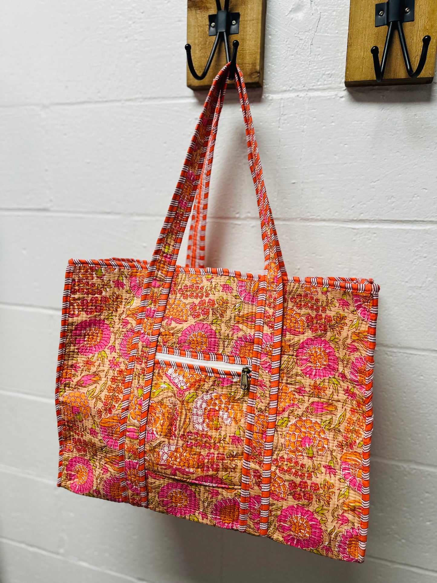 The Orange + Pink Floral Quilted Tote Bag