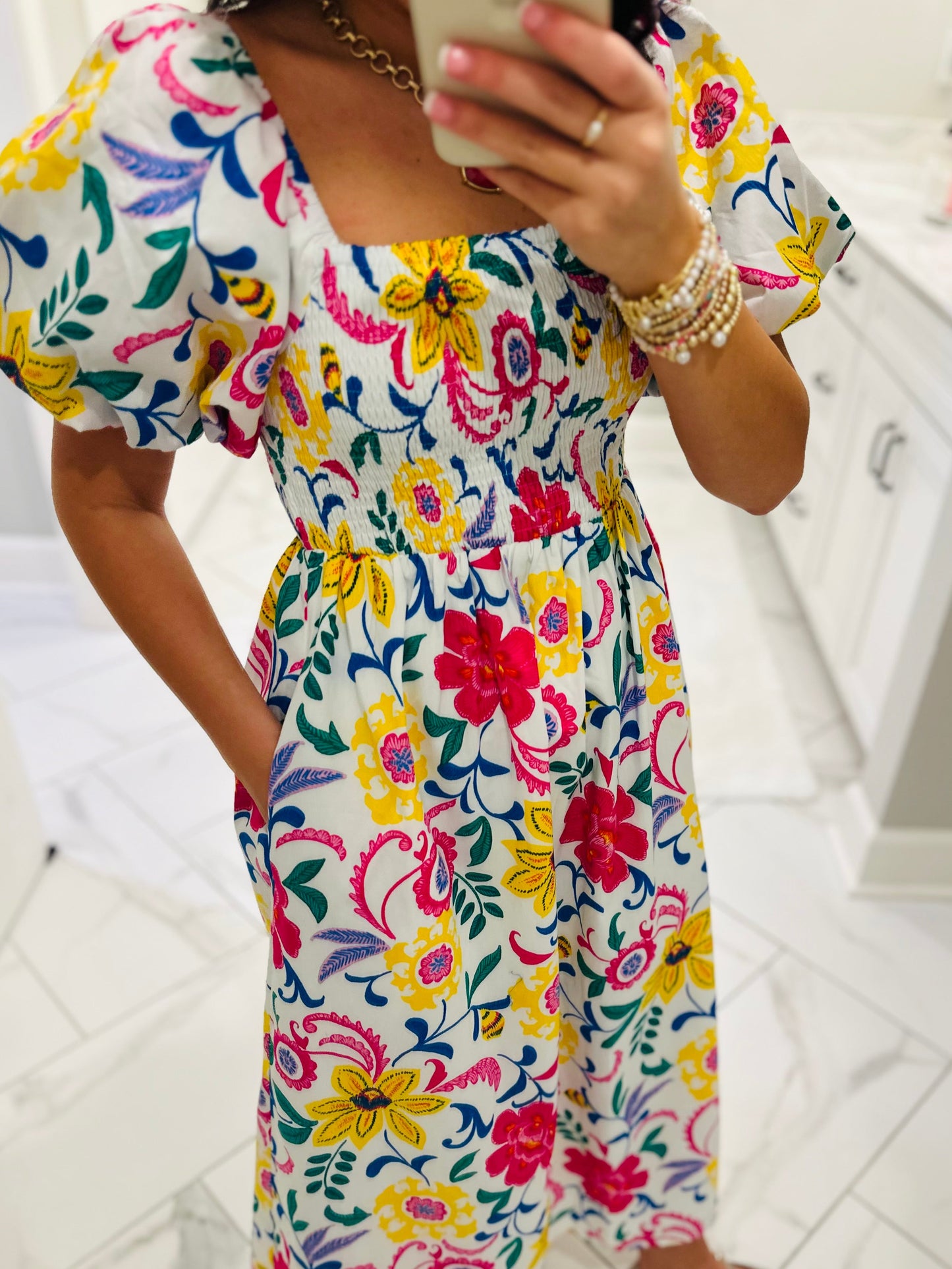 The Kes White Floral Smocked Midi Dress