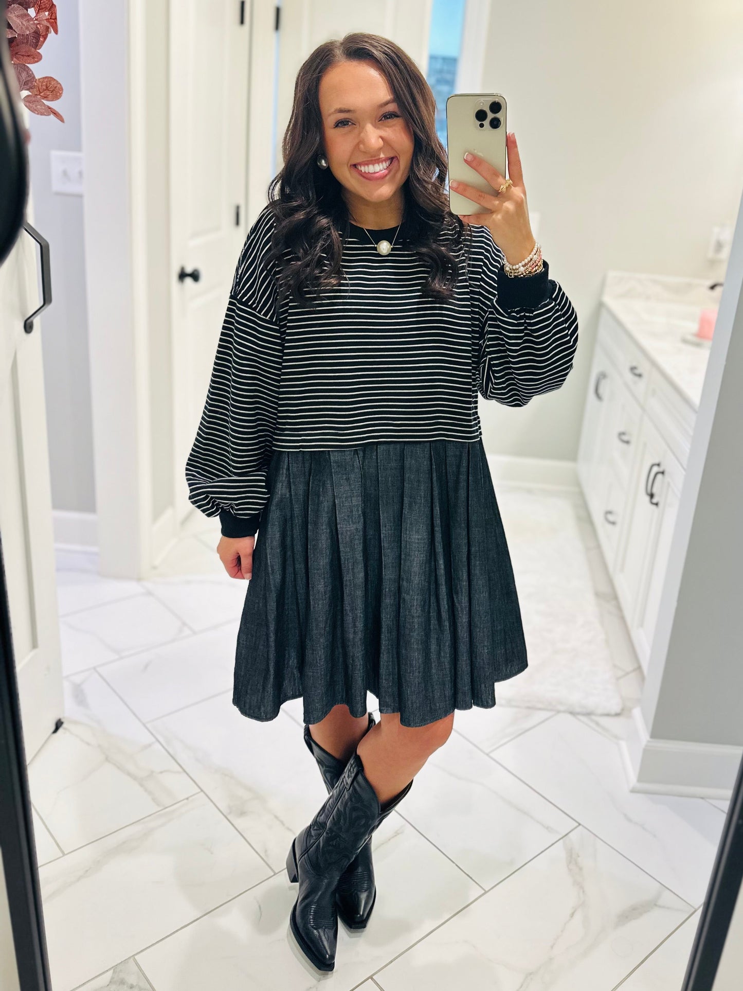 The Ella Long Sleeve Pleated Dress - Black / Denim