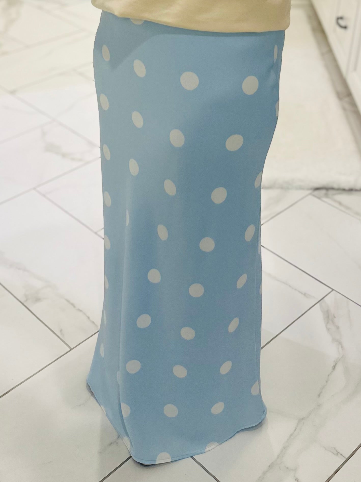 The Lt. Blue Polka Dot Satin Maxi Skirt