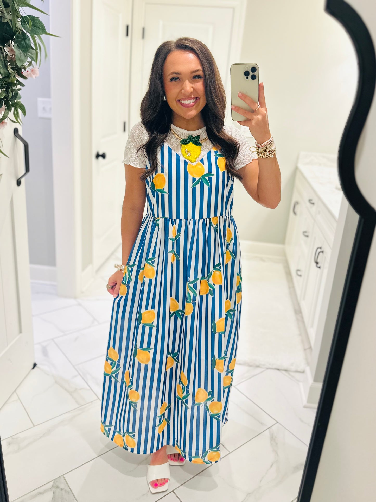 The Cass Blue Striped Lemon Midi Dress