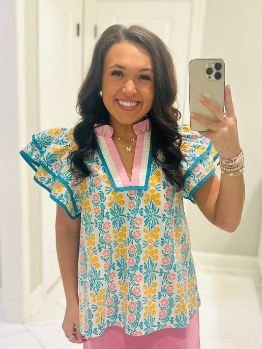 The Cora Blue + Pink Floral Top