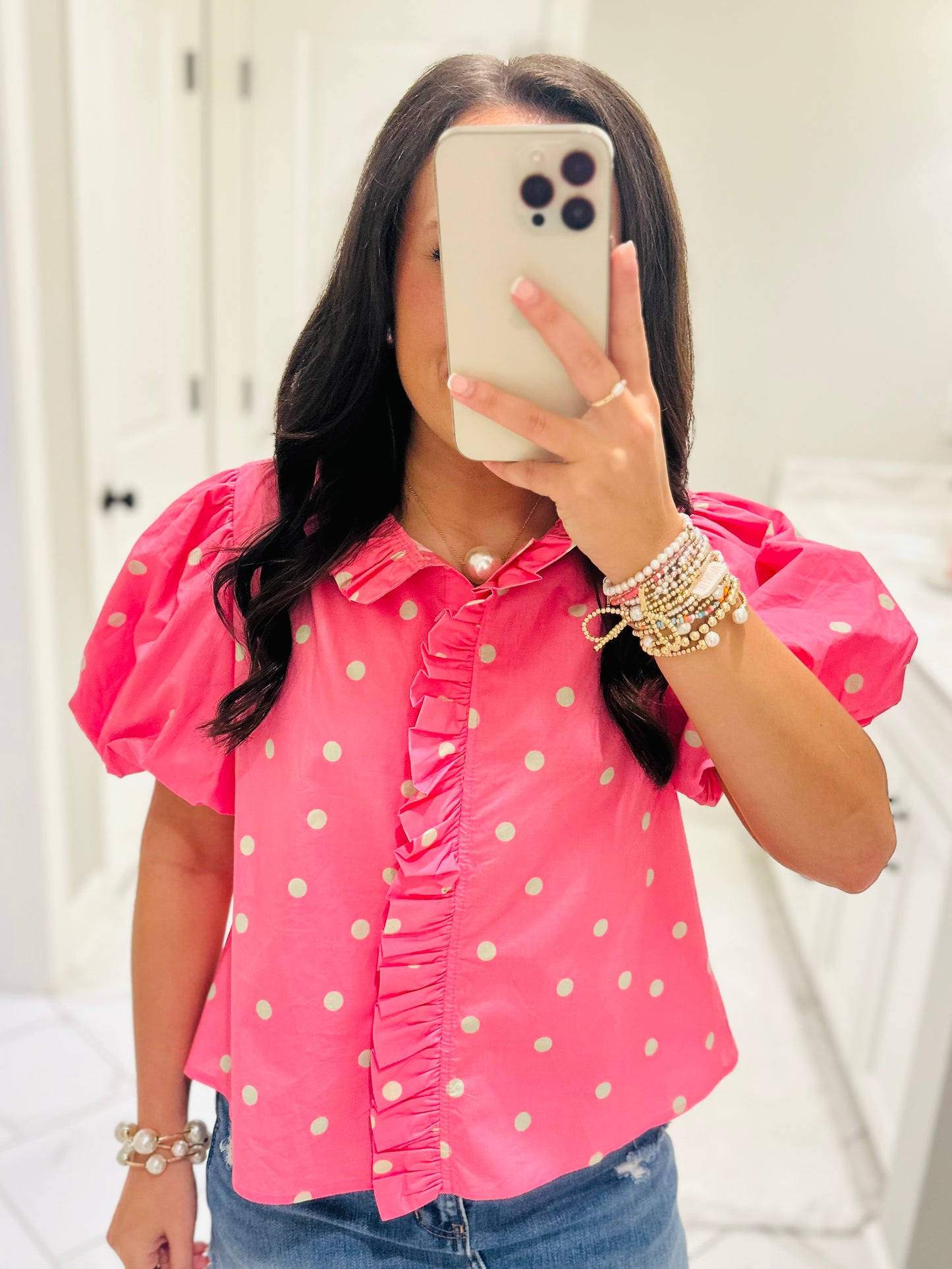 The June Pink + Green Polka Dot Top