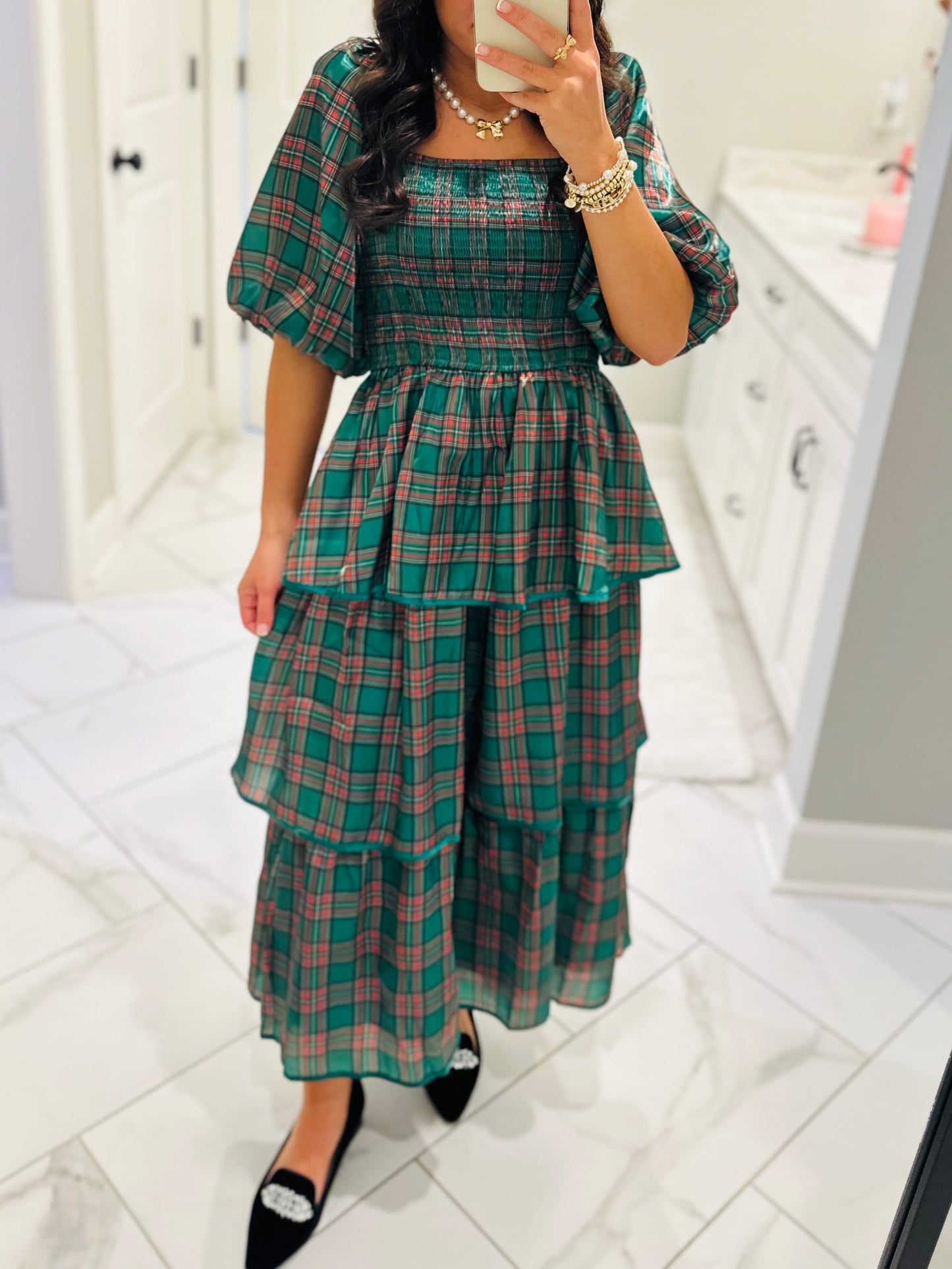 The Holly Green Christmas Plaid Tiered Midi Dress