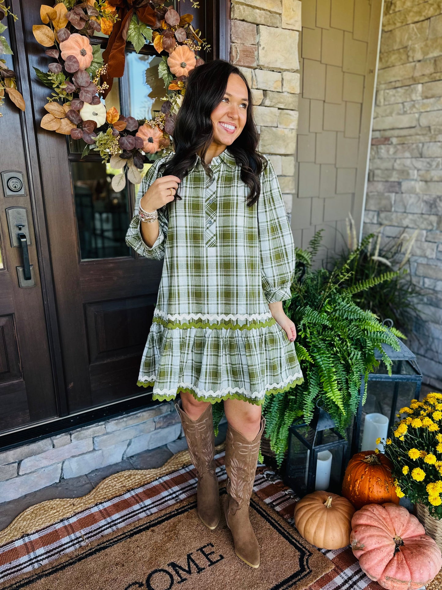 The Gale Olive Green Plaid Dress