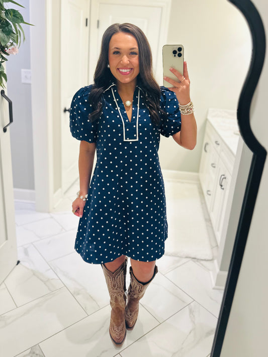The Kadyn Navy Polka Dot Dress