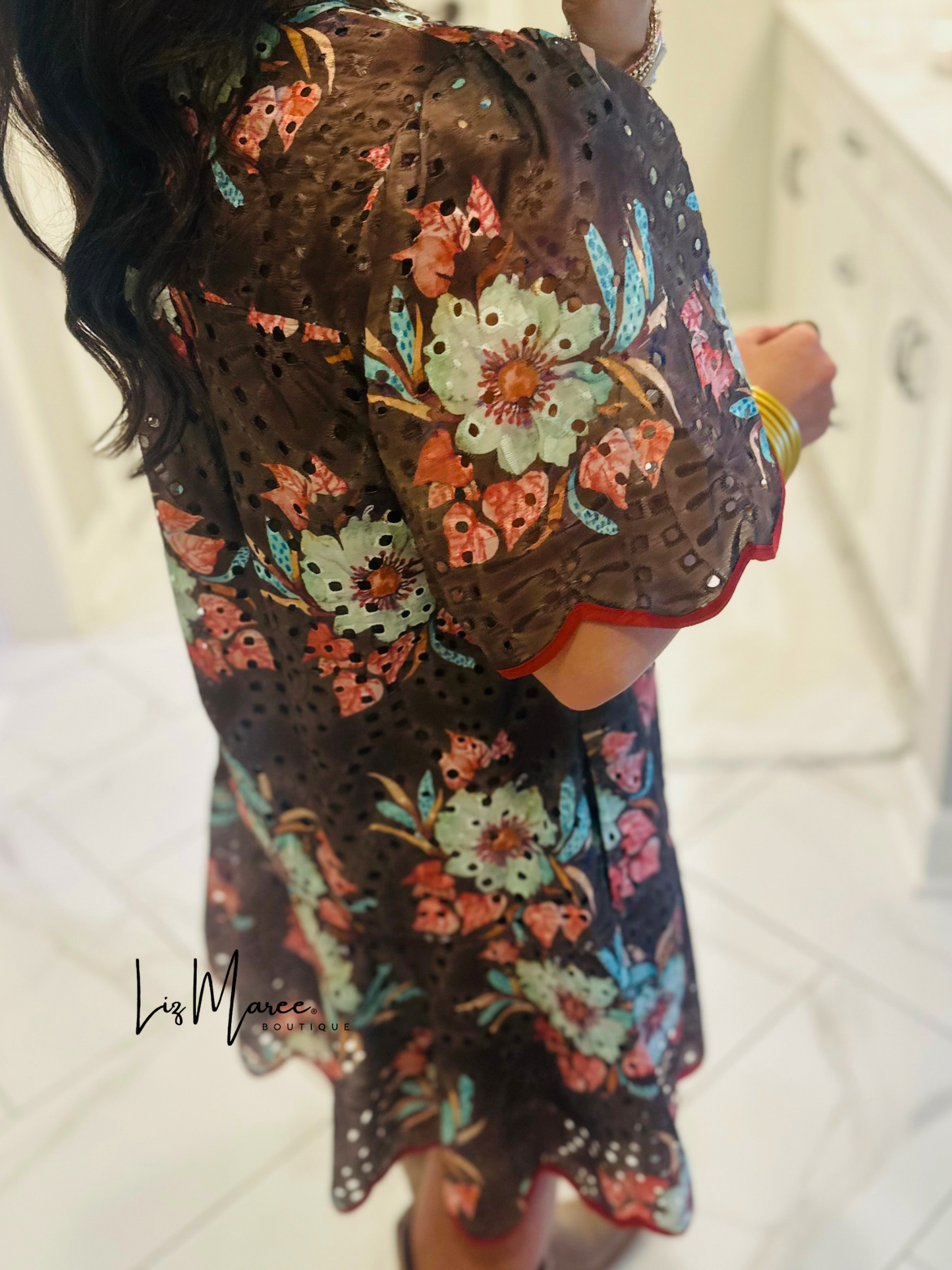 The Brinley Brown Floral Eyelet Scallop Dress