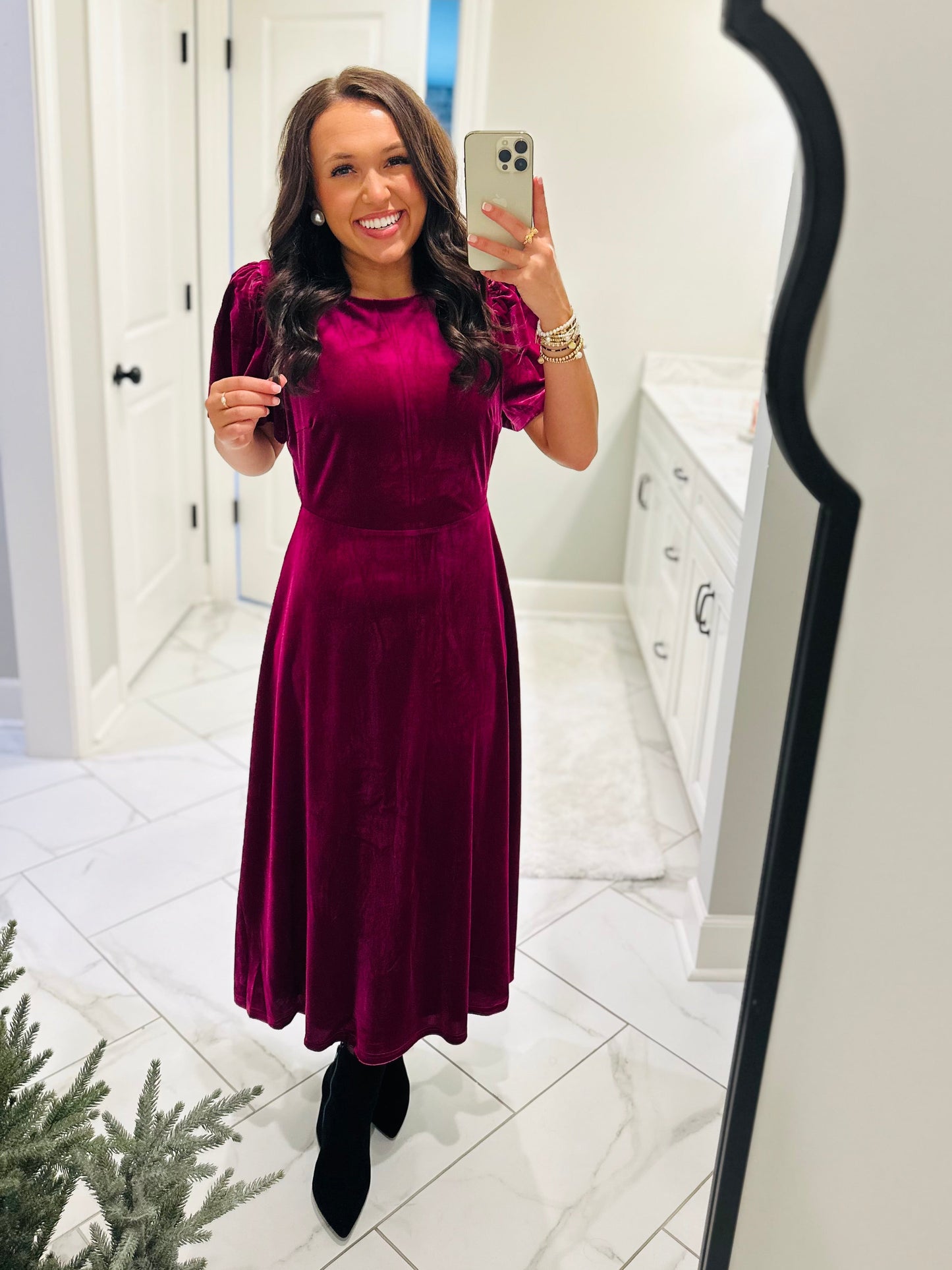 The Mary Magenta Velvet A-line Midi Dress