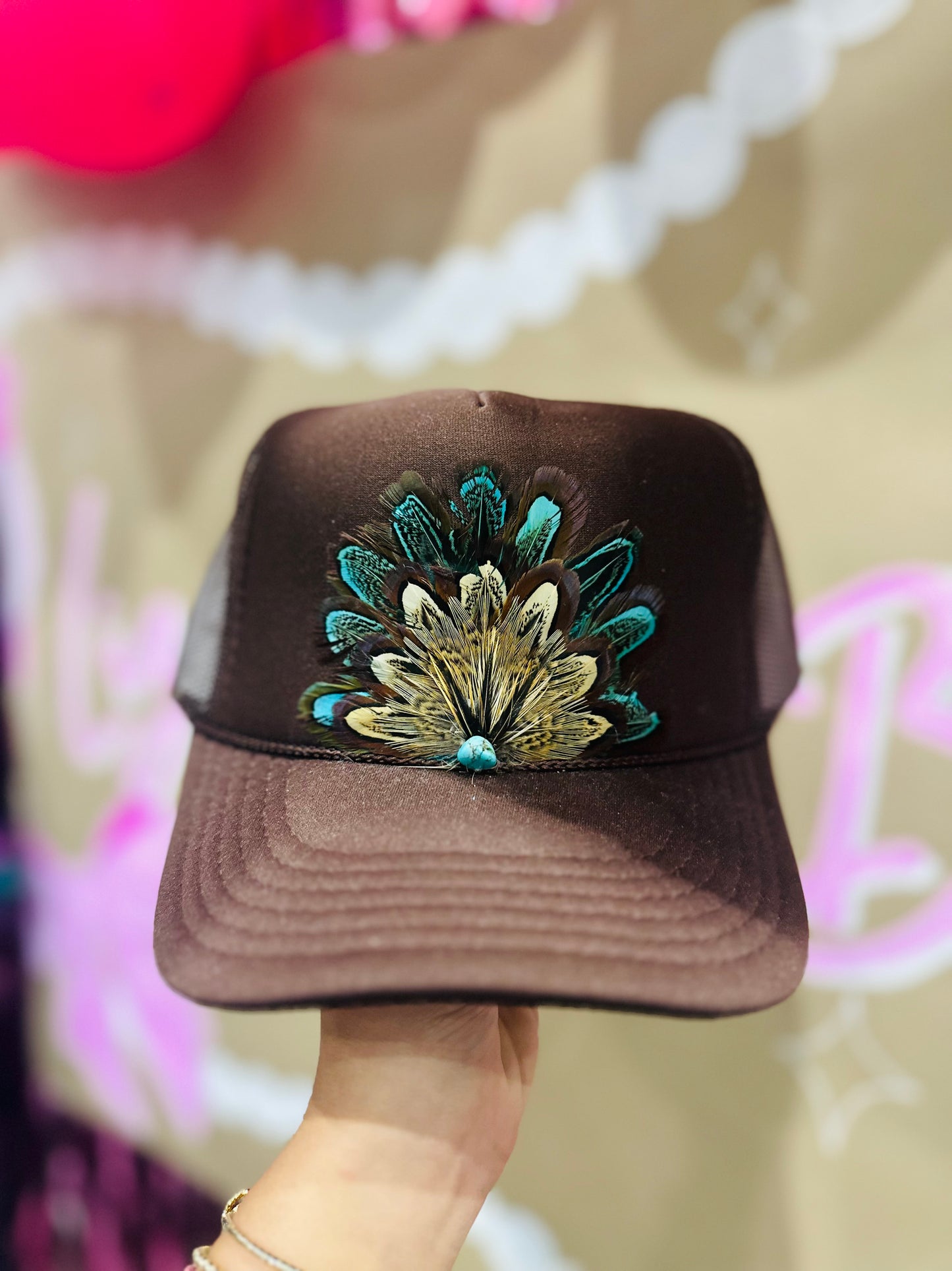 Brown Feather + Turquoise Stone Trucker Hat