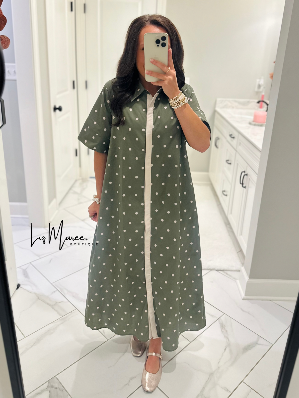 The Ruth Olive Green Polka Dot Midi Dress