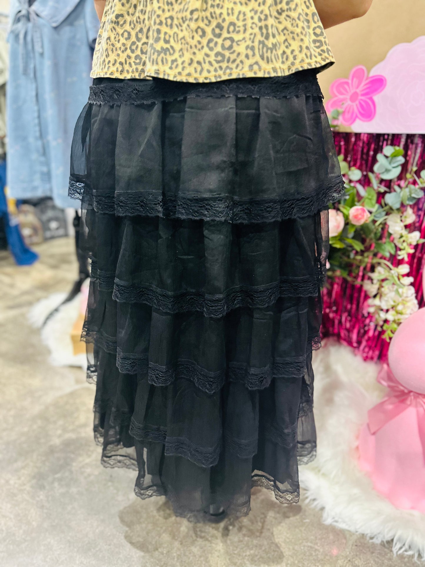 The June Black Tiered Chiffon Lace Trim Maxi Skirt