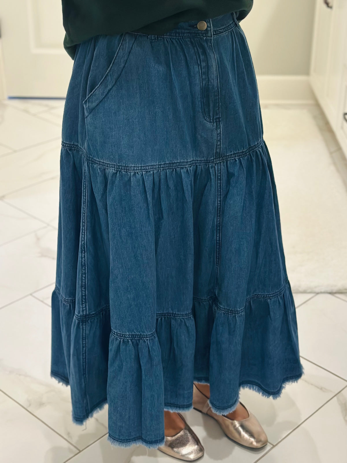 The Callie Denim Tiered Midi Skirt