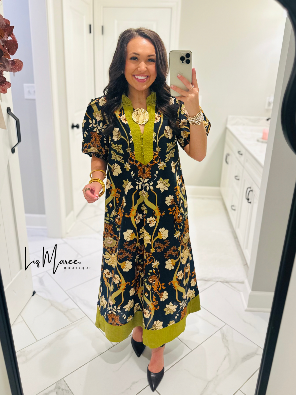 The Francesca Black + Olive Green Floral Midi Dress