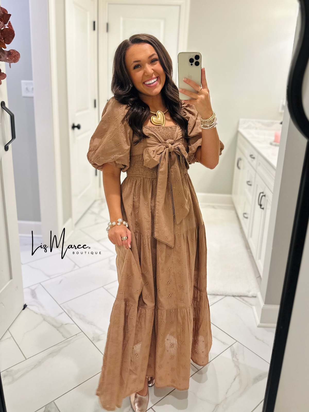 The Isabelle Light Brown Eyelet Bow Midi Dress