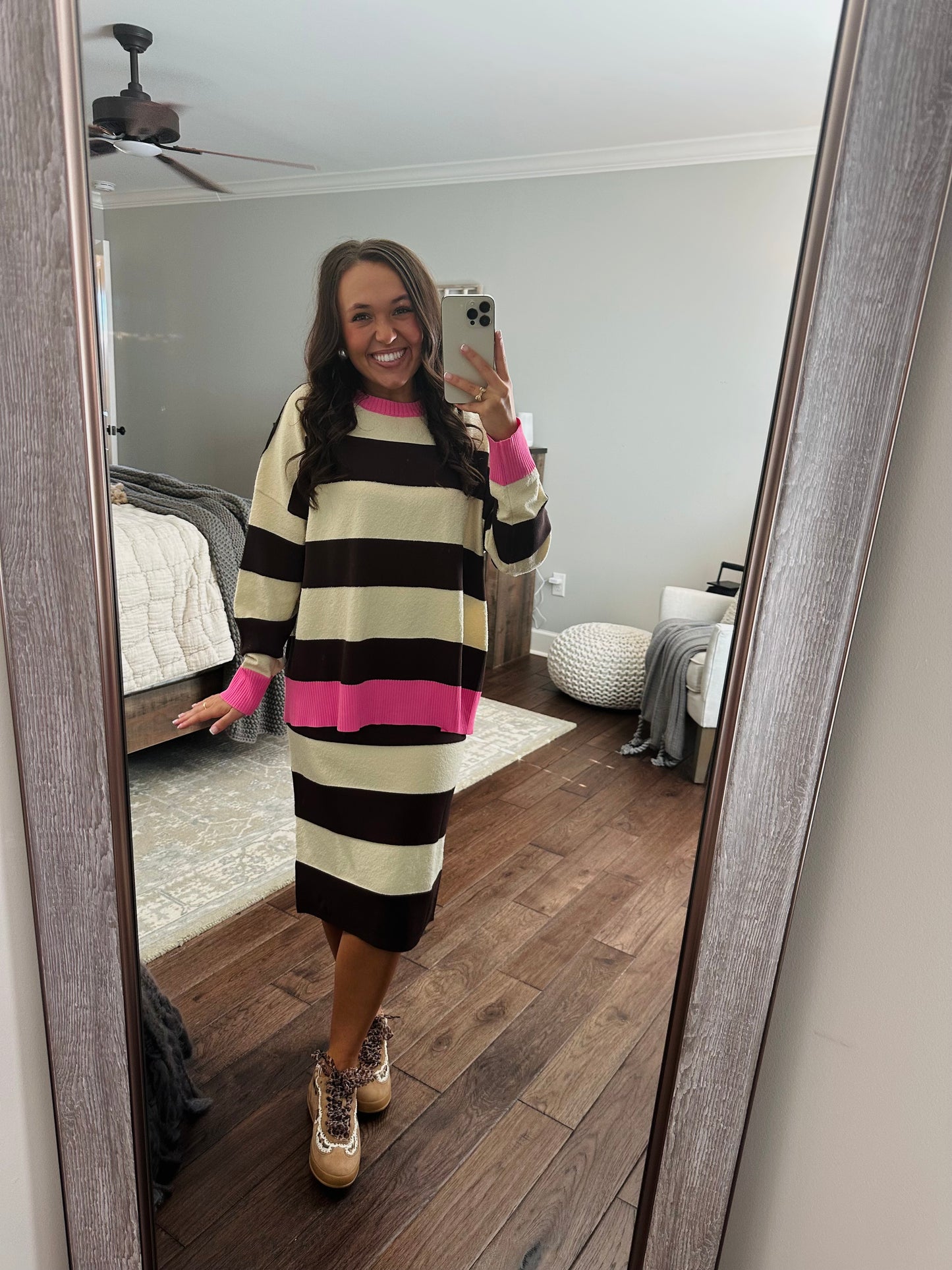 The Everlee Pink + Cream Striped Knit Midi Dress