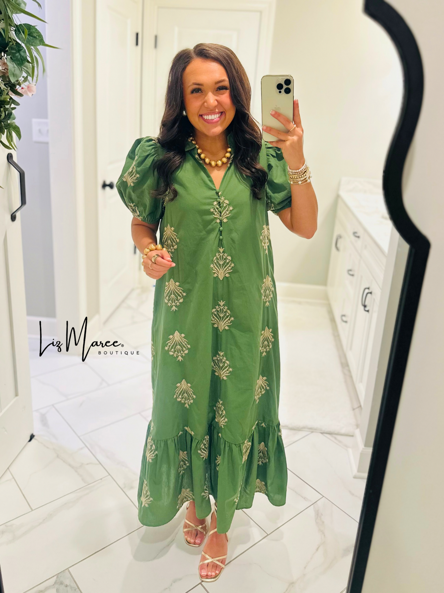 The Nola Olive Green Botanical Embroidered Midi Dress