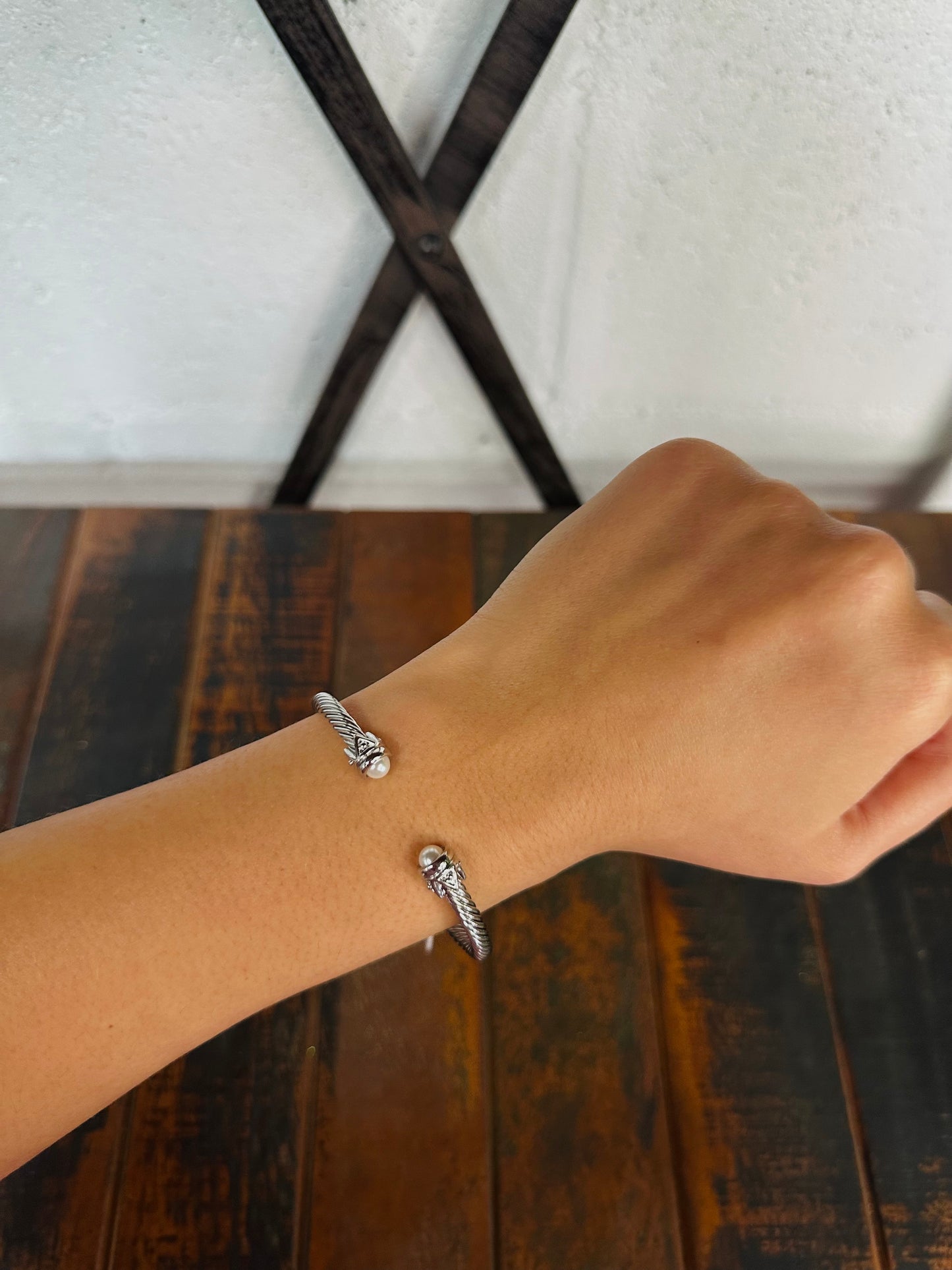Silver Pearl End Cable Cuff Bracelet