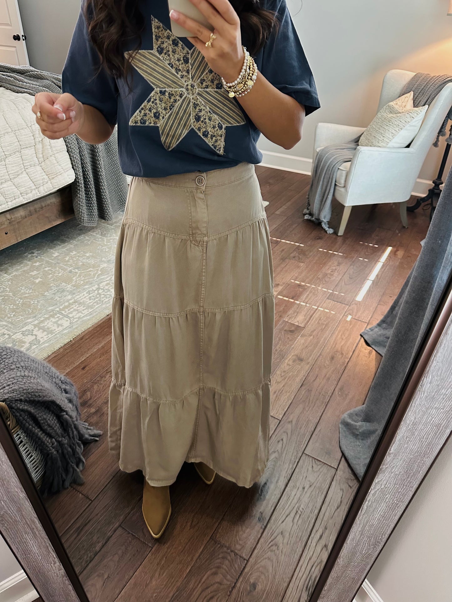 The Taupe High Rise Tiered Maxi Skirt