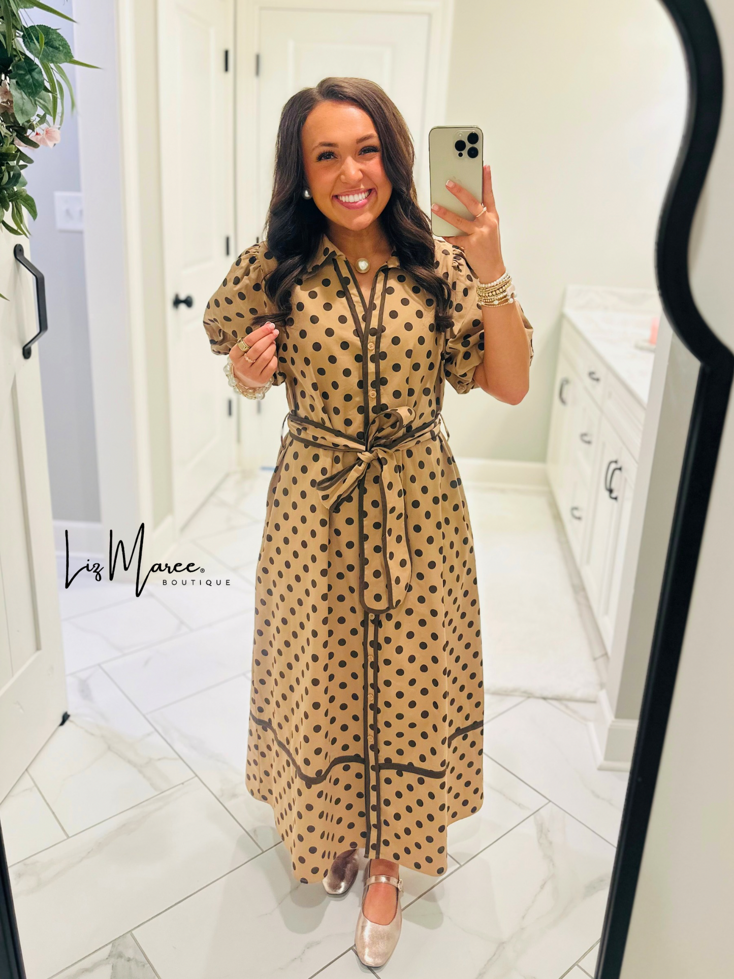 The Tatum Taupe Polka Dot Midi Dress