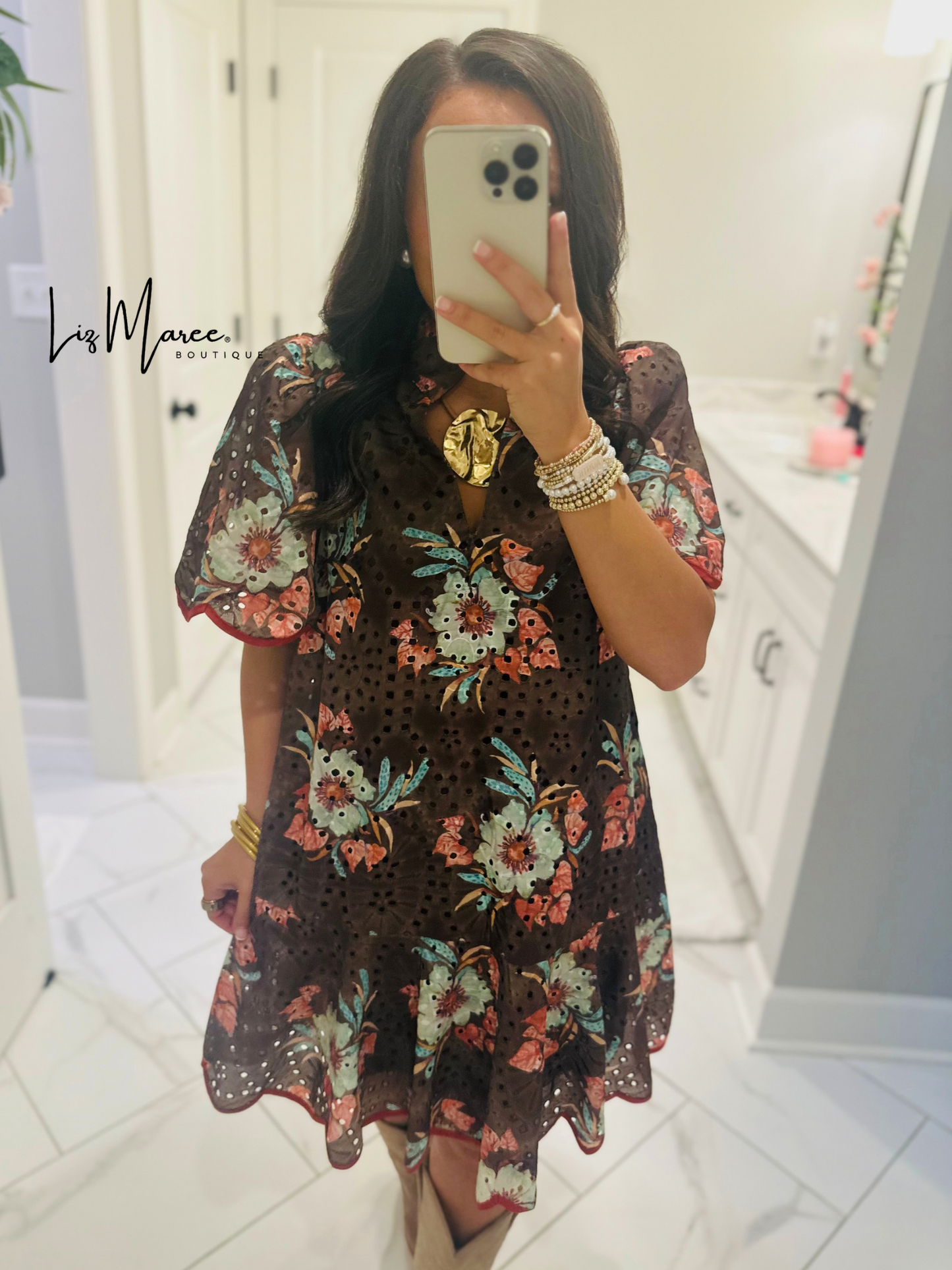The Brinley Brown Floral Eyelet Scallop Dress
